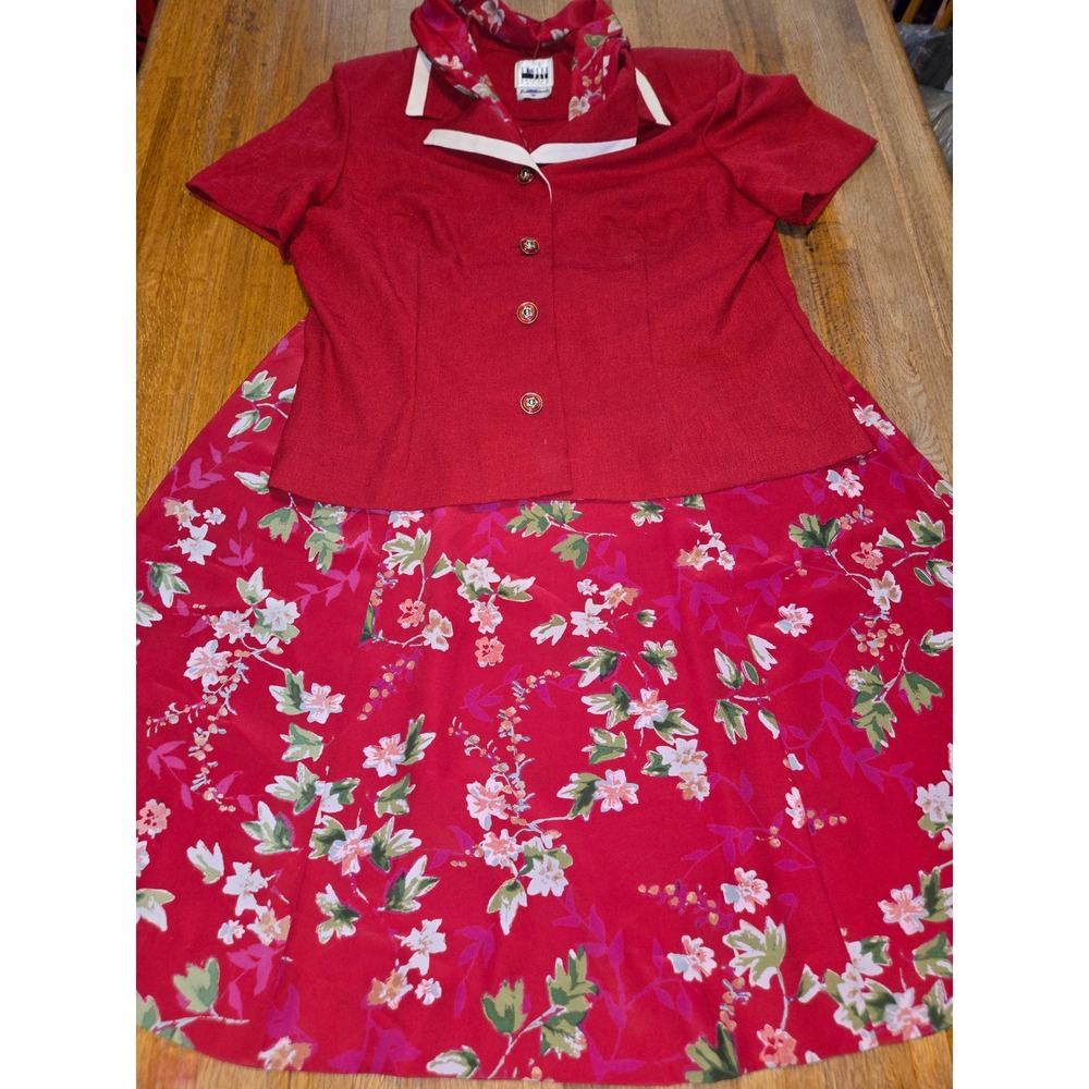 Leslie Fay Women 14P Petite 2pc Red Cream Jacket Floral Midi Skirt Set Vintage
